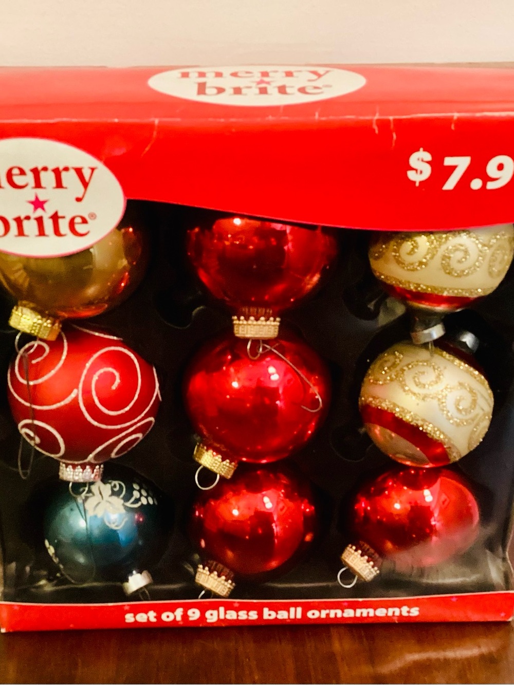 Vtg Merry Brite Glass Ball Ornament Set (9-Pack)
